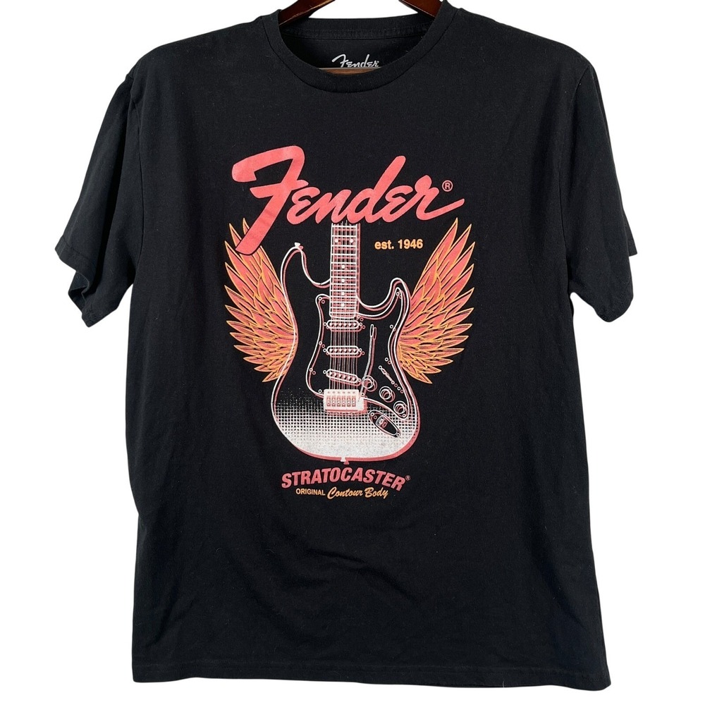 Fender Mens L Stratocaster Wings Graphic Tee Black Rock Band Advertising  TShirt